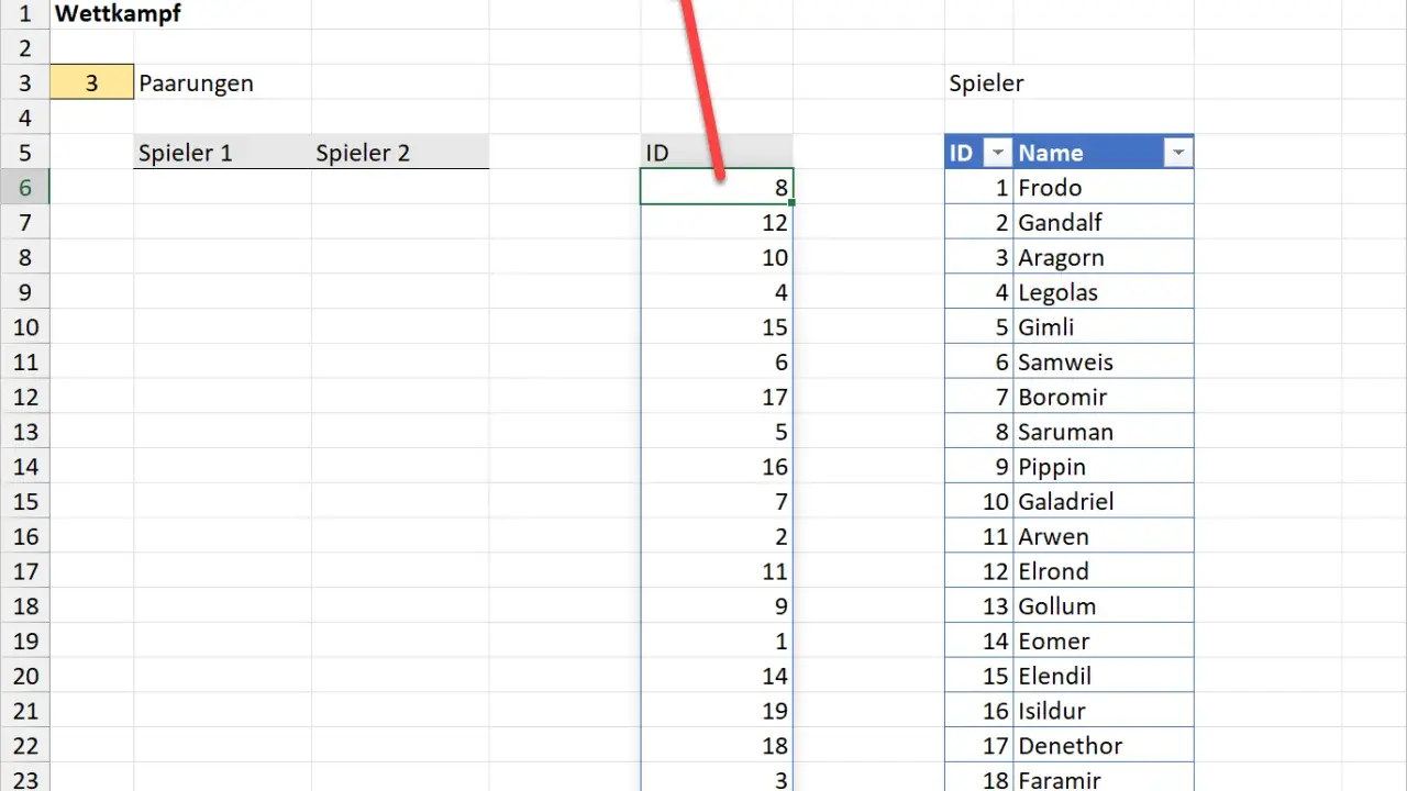 Excel-Formel für einen zufälligen Wettkampf-Generator. Die Formel sortiert Spieler zufällig.