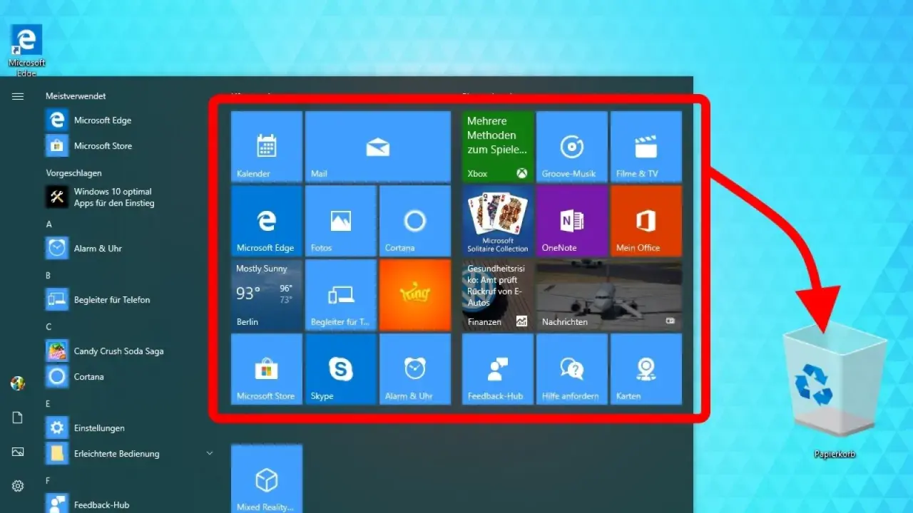Windows 11: Startmenü mit Apps, die man deaktivieren kann. Ein Pfeil zeigt auf den Papierkorb.