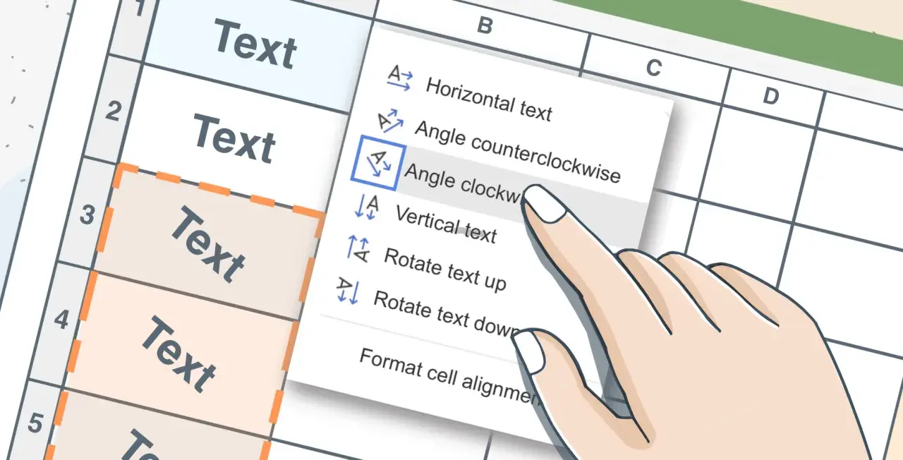 Finger wählt "Winkel im Uhrzeigersinn" in Excel. So wird der excel zahlenwert besser lesbar.