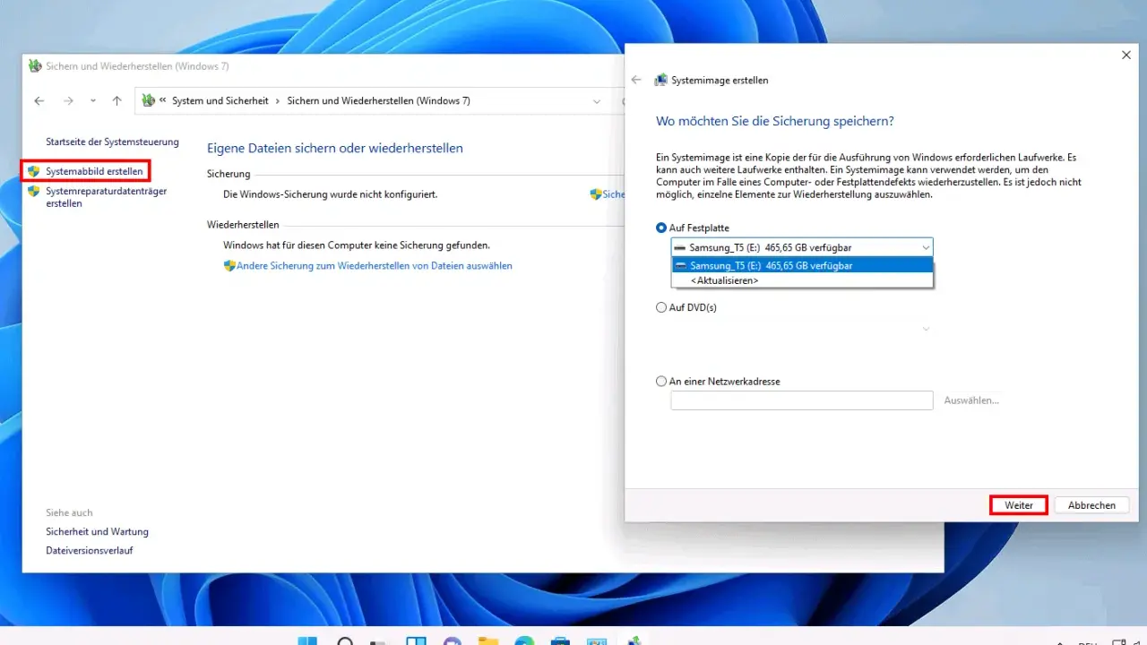PC backup erstellen: Ein Systemabbild wird auf einer externen Festplatte gespeichert.