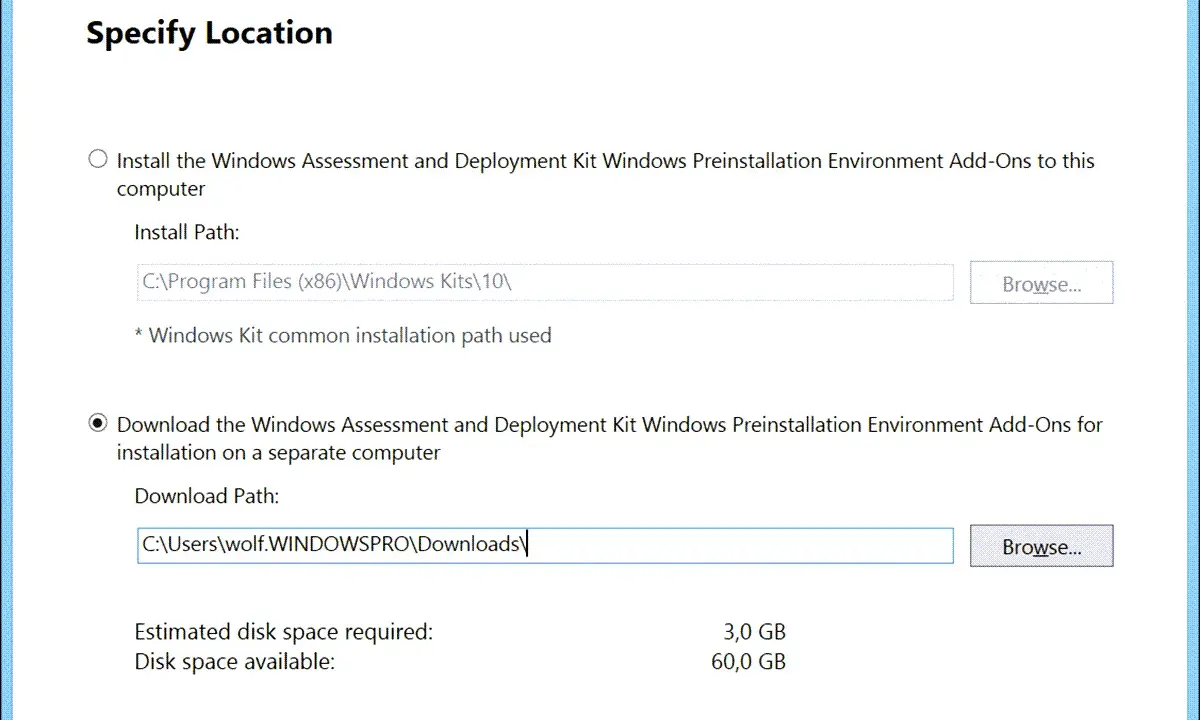 Installationsdialog für das Windows Assessment and Deployment Kit. Wahl zwischen lokaler Installation oder Download für separate Computer.
