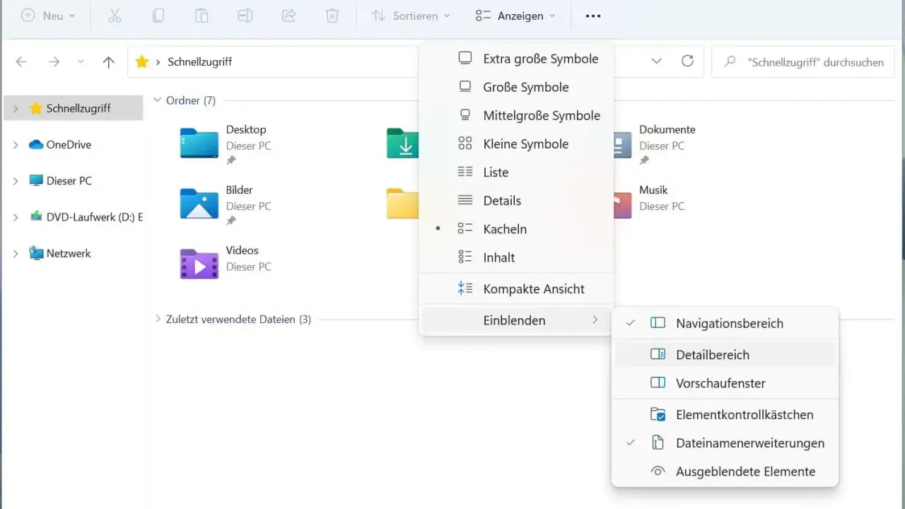 Windows 11 Explorer: Favoriten anzeigen. Menü "Anzeigen" öffnet Optionen für Ansicht, Details und Einblendung von Elementen wie Navigations- und Detailbereich.