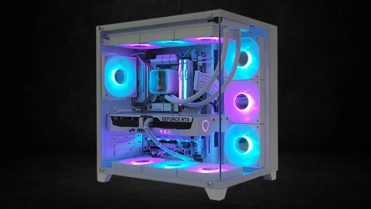 Leuchtender Gaming-PC mit RGB-Lüftern und GeForce RTX. Dieser PC ist definitiv ist mein PC Windows 11 tauglich.