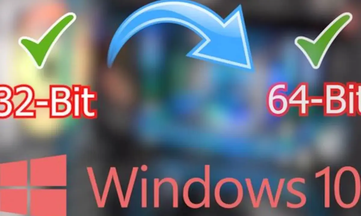 Windows 10: Von 32-Bit auf 64-Bit umsteigen. Ein Pfeil zeigt den Wechsel an, mit Häkchen für beide Optionen.