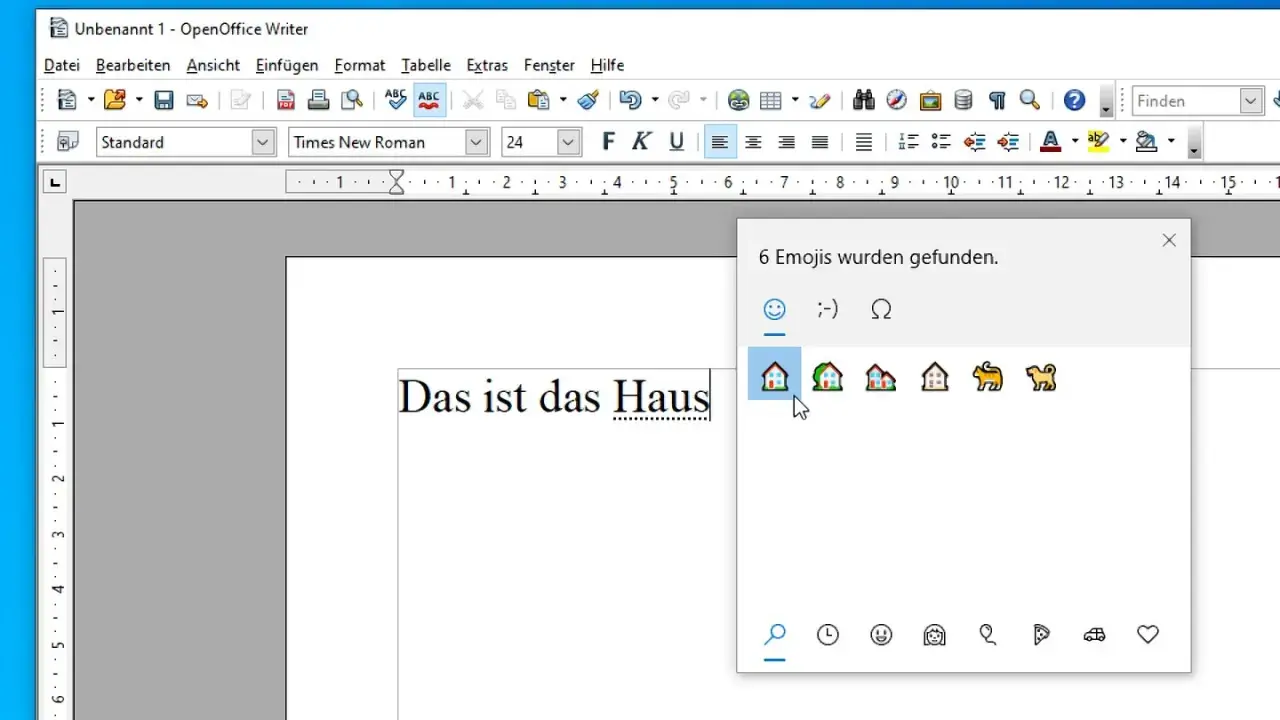 Fenster mit gefundenen Emojis, darunter Häuser und Hunde. Eine emoji tastenkombination wird hier gezeigt.