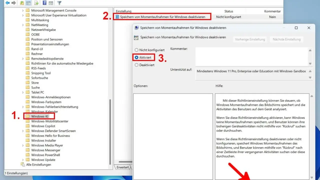 Windows 11 Recall deaktivieren: Richtlinie "Speichern von Momentaufnahmen für Windows deaktivieren" aktivieren.