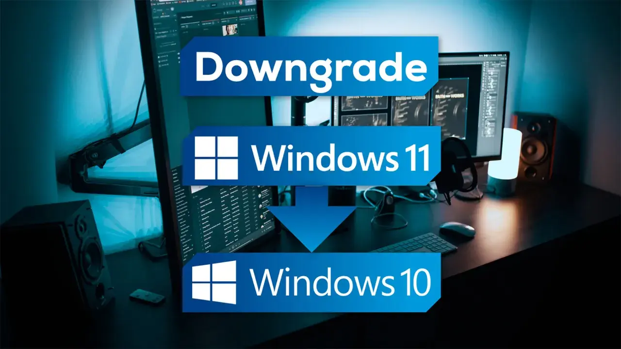 Anleitung: Downgrade von Windows 11 auf Windows 10. Ein Schreibtisch mit mehreren Monitoren und Lautsprechern.