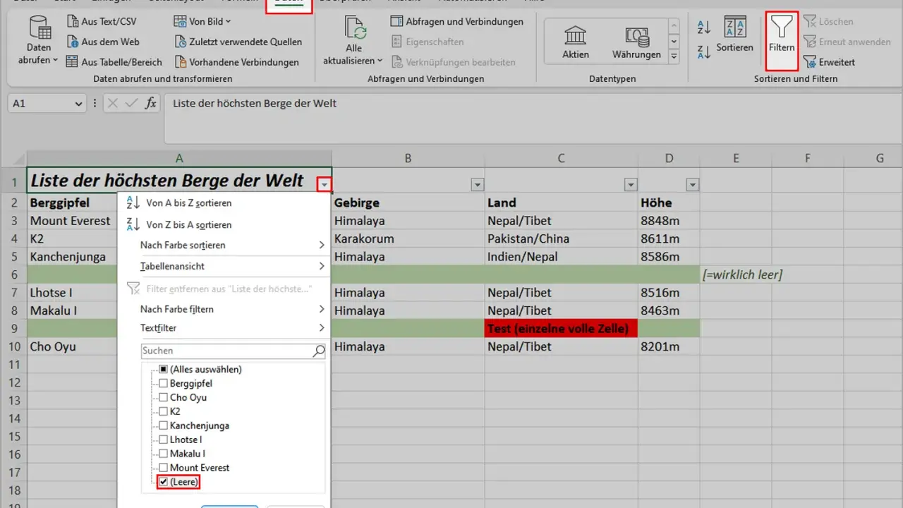 Excel-Tabelle mit gefilterten Daten, die leere Zellen in der Spalte "Höhe" hervorhebt. Die Funktion "Filter" ist aktiv.