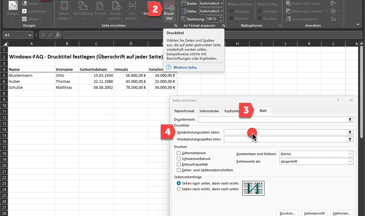 Excel: Erste Zeile auf jeder Seite drucken. Klicke auf "Seitenlayout", dann "Drucktitel", um die Wiederholungszeilen oben festzulegen.