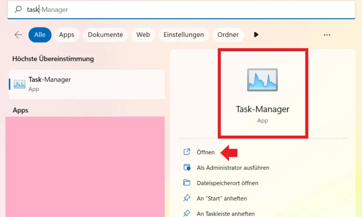 Windows 11 Suchleiste zeigt "Task-Manager" als höchste Übereinstimmung. Das Symbol und der Name sind hervorgehoben.