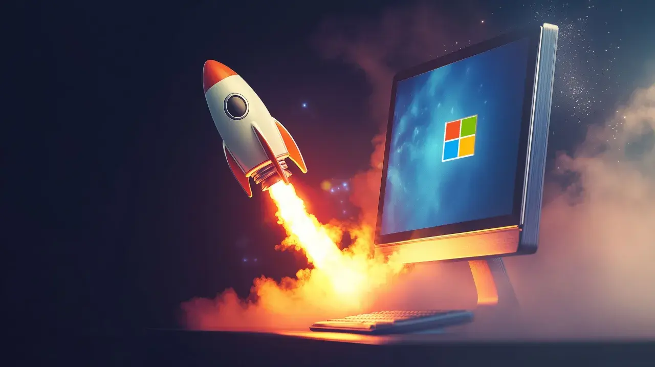 Rakete startet von einem Computerbildschirm mit Windows-Logo. Symbolisiert schnellen Windows Autostart.