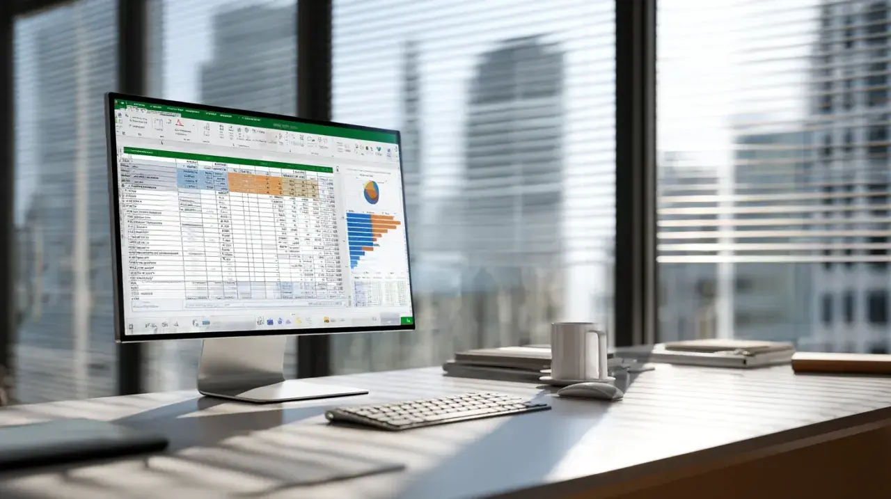 Ein Schreibtisch mit einem Monitor, auf dem eine Excel-Tabelle mit Diagrammen angezeigt wird. Hier kann man das excel vorzeichen umkehren, um Daten zu analysieren.