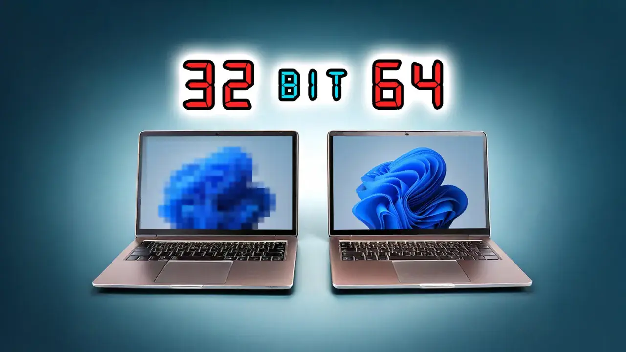 Zwei Laptops zeigen Windows 11. Links ist die pixelige Darstellung von Windows 11 32 bit, rechts die klare Version.