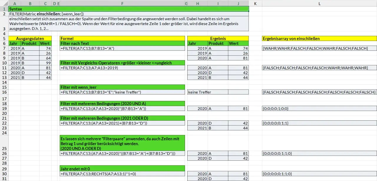 Excel-Tabelle zeigt die Anwendung der FILTER-Funktion mit verschiedenen Kriterien, z.B. Textfilter, Vergleichsoperatoren und mehreren Bedingungen.
