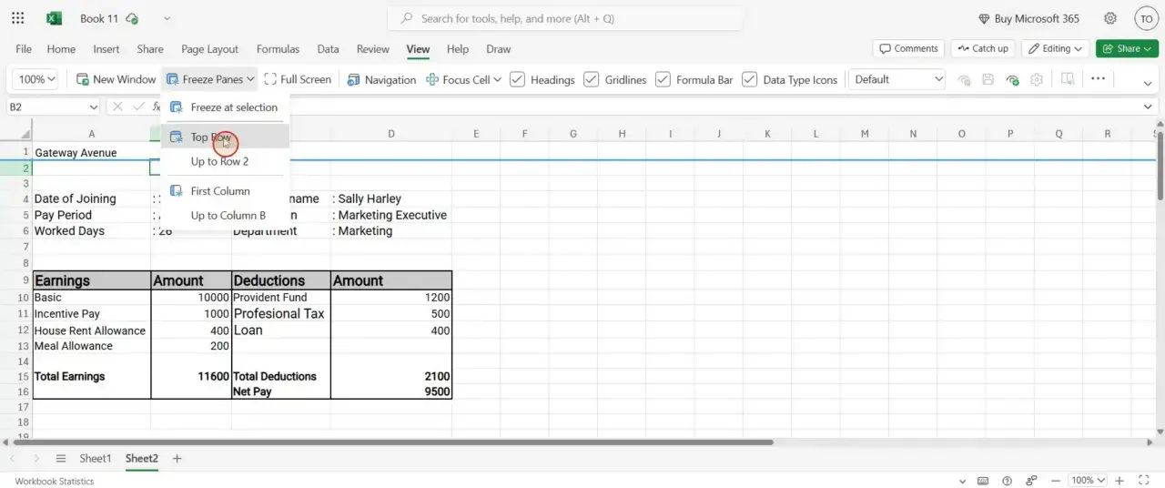 Excel: oberste Zeile fixieren. Im Menü "Ansicht" wird "Fenster einfrieren" ausgewählt, um die oberste Zeile der Tabelle festzuhalten.