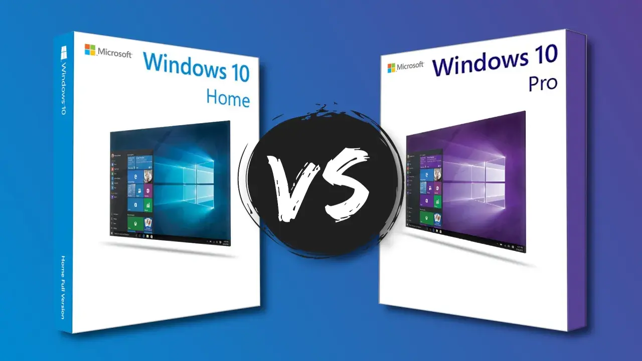 Vergleich: Windows 10 Home oder Pro. Zwei Boxen mit den Betriebssystemen, links Home, rechts Pro, mit einem VS-Symbol dazwischen.