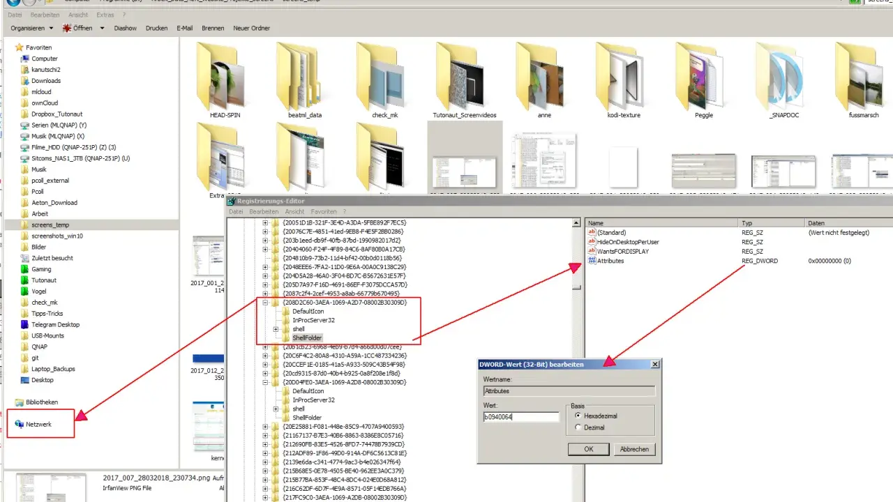 Windows 11 Explorer: Navigationsbereich anpassen. Der Registrierungs-Editor zeigt, wie man den "ShellFolder" anpasst, um den Navigationsbereich zu personalisieren.