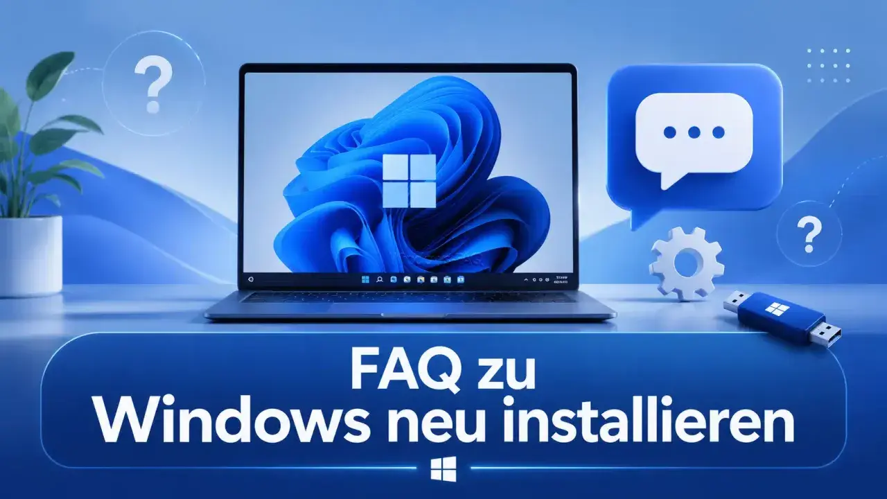FAQ zu Windows neu installieren: Laptop mit Windows 11, USB-Stick und Chat-Symbol. Ideal für Fragen zu Windows 10 ARM.