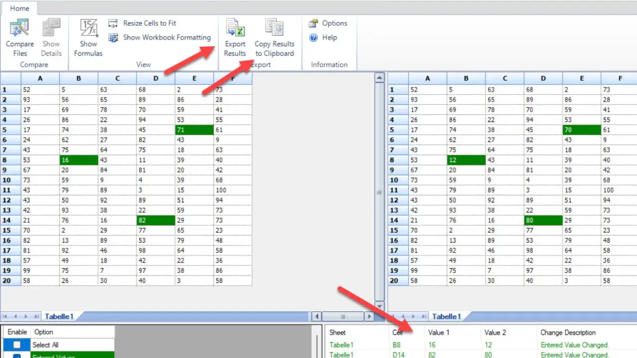 Zwei Excel-Spalten vergleichen: Unterschiede in Zellen B8, D14 und E5 werden hervorgehoben.