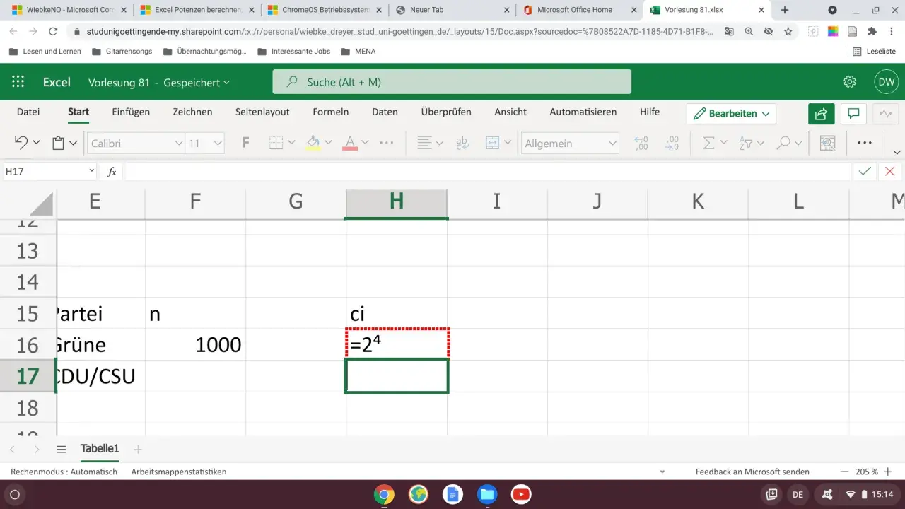 Excel-Tabelle zeigt die Berechnung von excel potenz: =2^4.