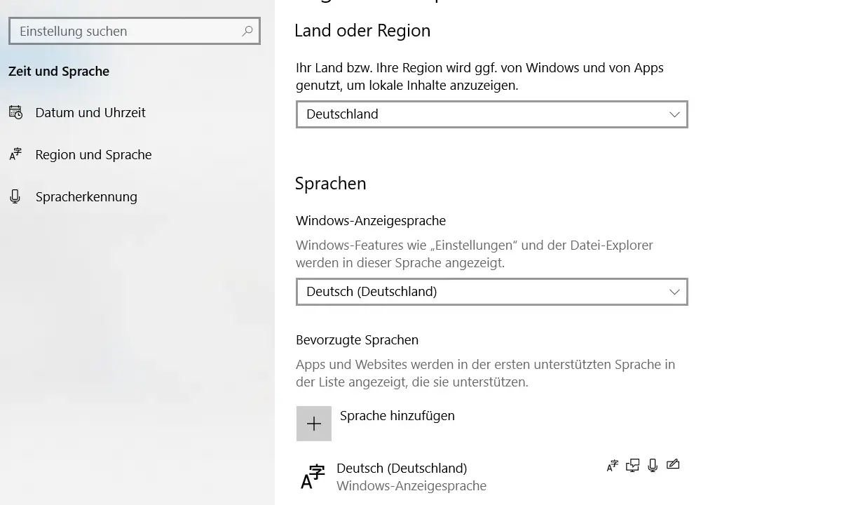 Windows-Einstellungen: Region und Sprache auf Deutsch umstellen. Das Land ist Deutschland, die Anzeigesprache ist Deutsch.