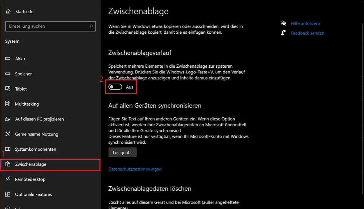 Windows-Einstellungen: Zwischenablage anzeigen. Der Verlauf ist deaktiviert.