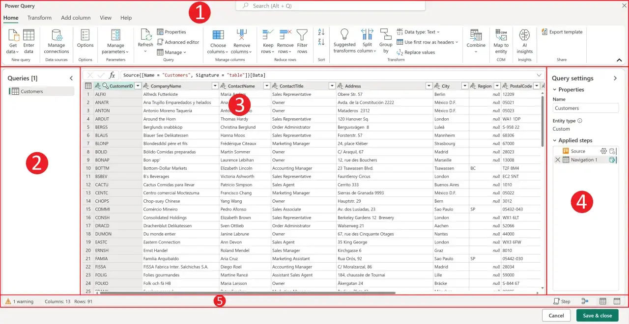 Im Power Query Editor werden Kundendaten angezeigt, mit Spalten wie Firmenname und Stadt.