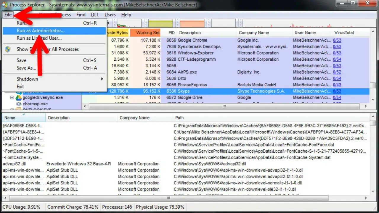 Process Explorer zeigt laufende Prozesse an. Das Menü "Datei" ist geöffnet und "Als Administrator ausführen" ist ausgewählt.