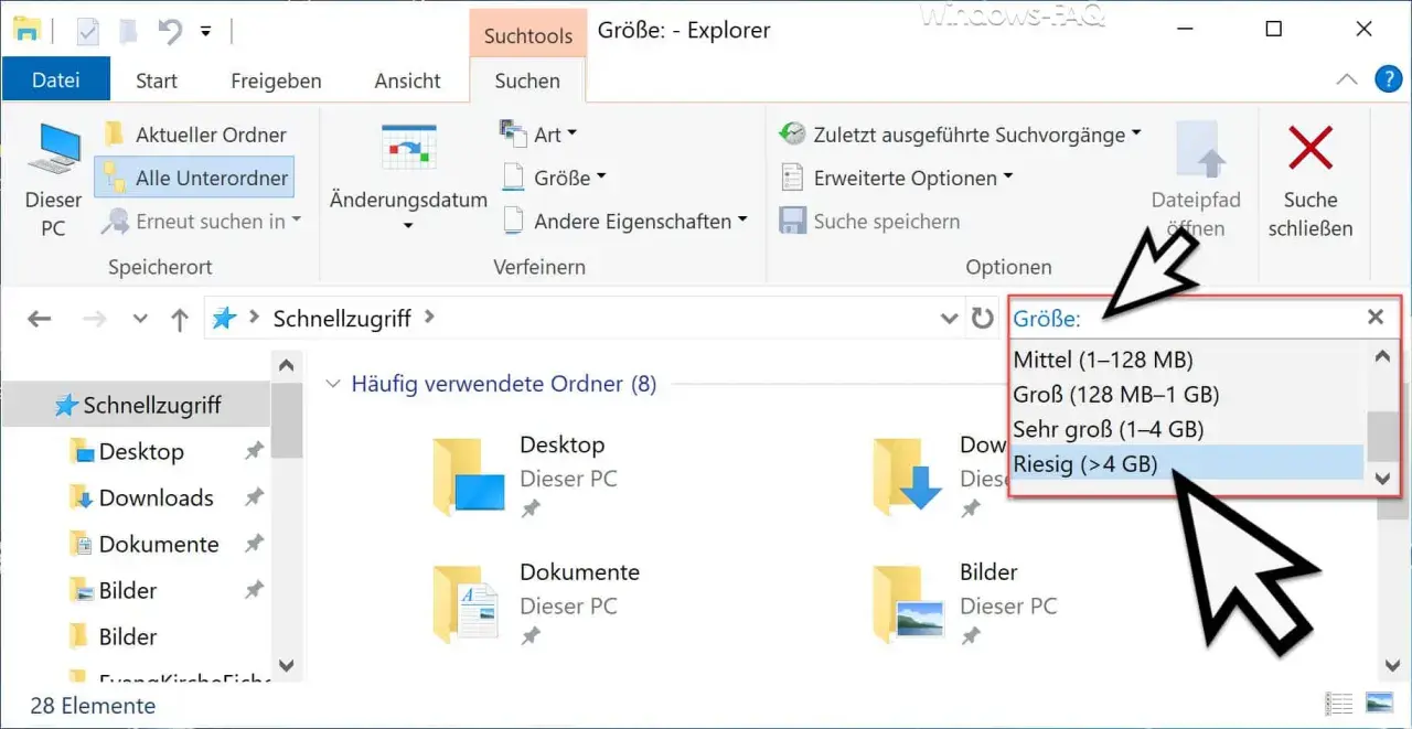 Der Windows Explorer zeigt die Suche nach "Riesig (>4 GB)" an. So kann man große Dateien finden.