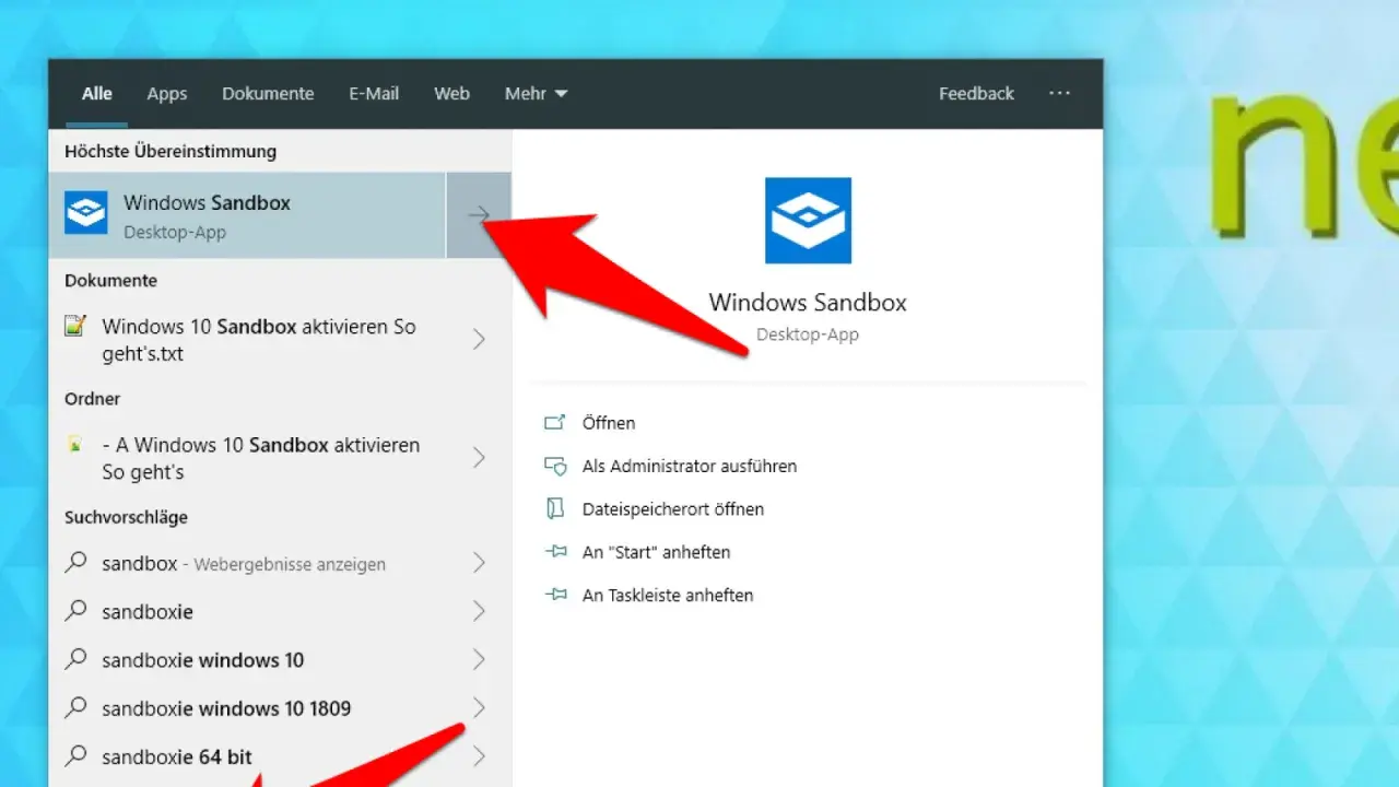 Roter Pfeil zeigt auf "Windows Sandbox" in der Suche. Die Windows 10 Sandbox ist eine Desktop-App für sicheres Testen.