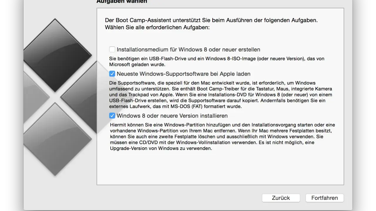 Boot Camp-Assistent: Windows 10 auf Mac installieren ohne Bootcamp. Optionen: Supportsoftware laden, Windows 8/neuer installieren.