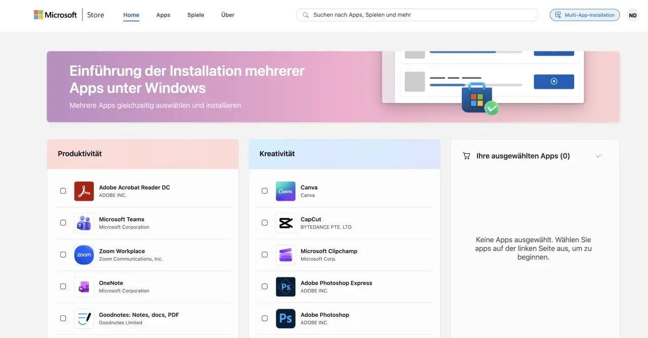 Microsoft Store: Apps für Produktivität und Kreativität auswählen, um sie zu installieren.