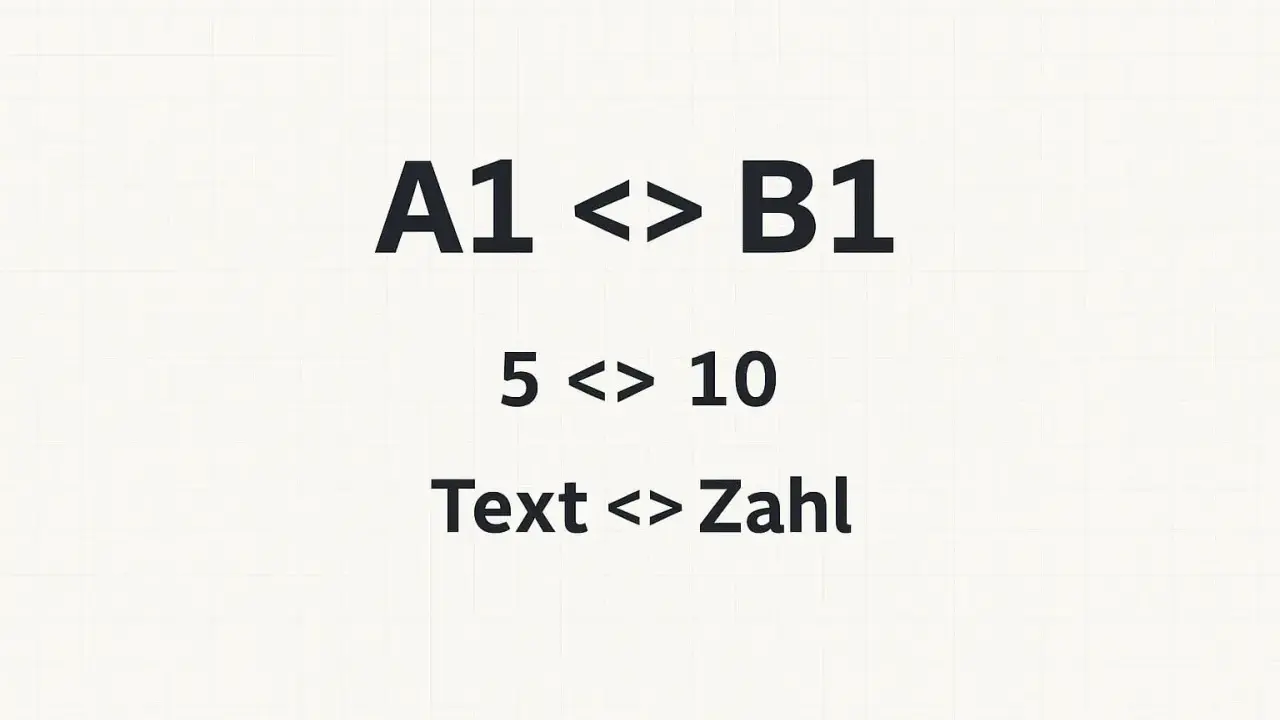 Excel-Beispiele: A1 ungleich B1, 5 ungleich 10, Text ungleich Zahl.
