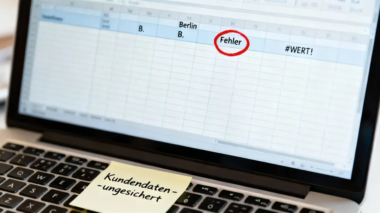 Laptop mit Excel-Tabelle, die einen Fehler markiert. Ein Haftnotiz warnt: "Kundendaten – ungesichert".