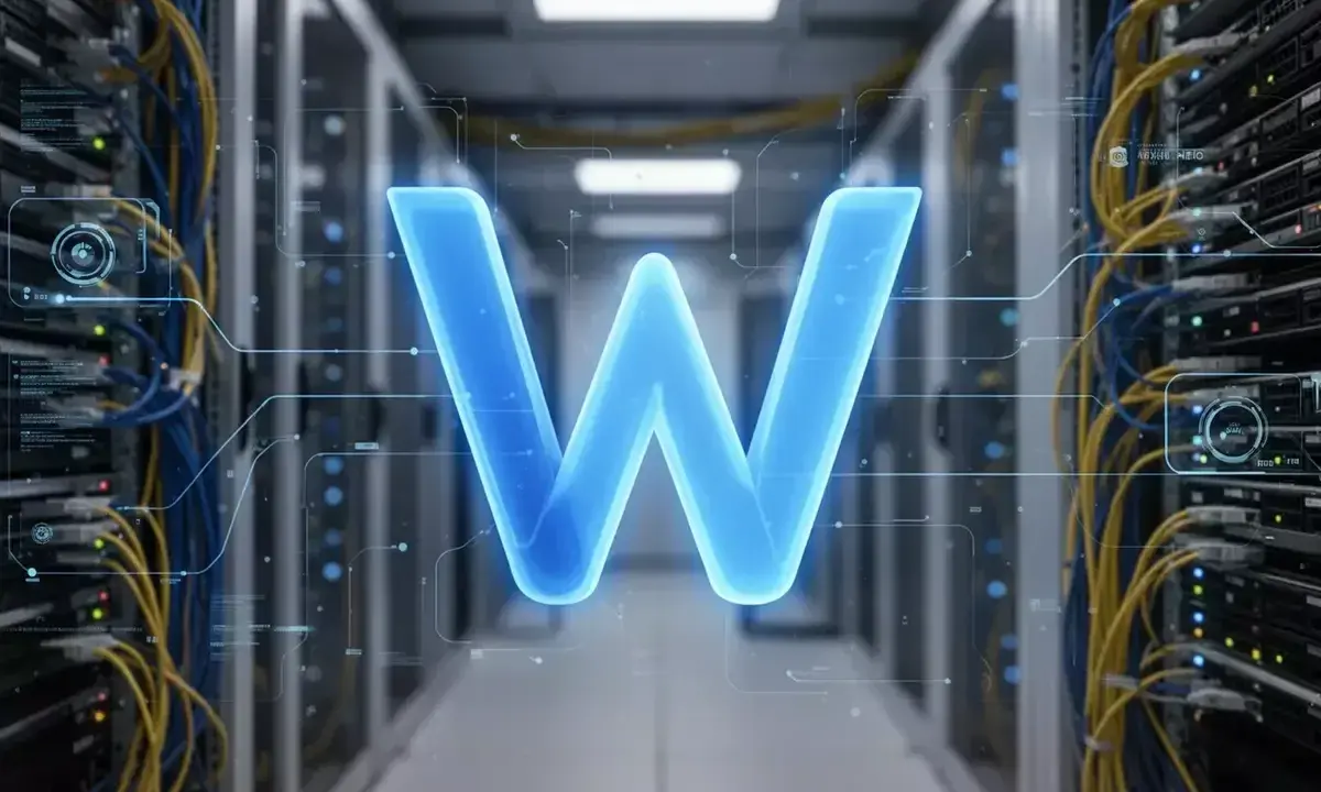 Ein leuchtendes "W" schwebt in einem Serverraum. Dies symbolisiert, was WebView2 ist: eine Technologie, die Web-Inhalte in Desktop-Anwendungen integriert.