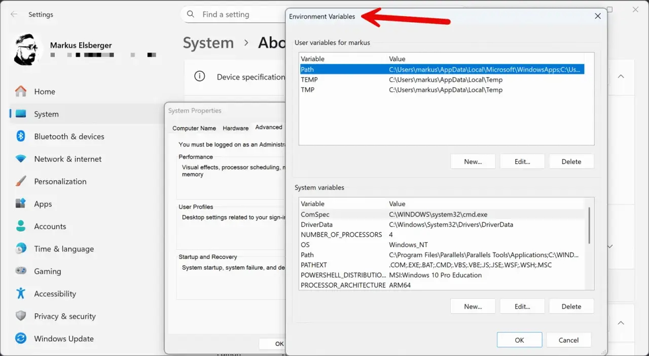 Fenster "Umgebungsvariablen" in Windows 11 zeigt Benutzer- und Systemvariablen an, z.B. den Pfad.