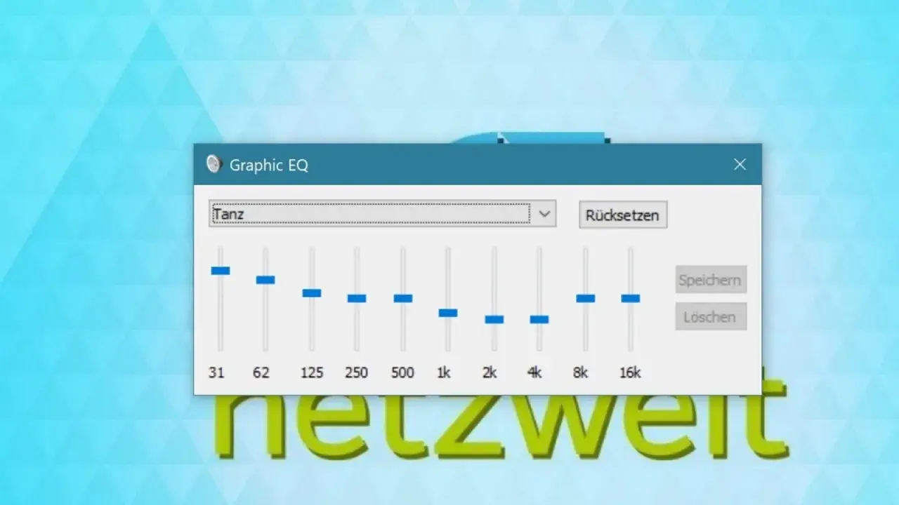 Grafischer Equalizer in Windows 10, eingestellt auf "Tanz". Regler für Frequenzen von 31 Hz bis 16 kHz.