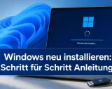Schritt-für-Schritt-Anleitung, um Windows neu zu installieren. Ein Laptop zeigt den Installationsfortschritt, daneben ein USB-Stick mit Windows-Logo.