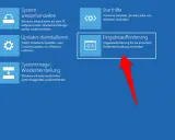 Windows-Wiederherstellungsoptionen: Systemwiederherstellung, Updates deinstallieren, Systemimage-Wiederherstellung, Starthilfe, Eingabeaufforderung. Hier kann man Windows 11 auf Windows 10 downgraden.