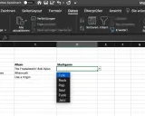 Excel-Tabelle mit dynamischer Dropdown-Liste für Musikgenres. Die Liste zeigt Optionen wie Folk, Rock, Pop, Soul, Funk und Jazz.