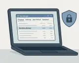 Laptop mit Task-Manager, der "Runtime Broker" anzeigt. Ein Schild mit Schloss symbolisiert Sicherheit für den Windows Desktop Runtime.