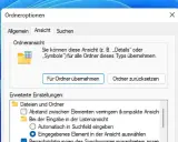 Fenster "Ordneroptionen" in Windows 11. Hier werden die Ansichtseinstellungen für Ordner verwaltet, z.B. ob Details oder Symbole angezeigt werden.