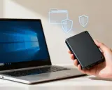 Laptop mit Windows-Desktop und externer Festplatte in der Hand. Digitale Ordner- und Schild-Icons deuten auf Datensicherung oder Installation von Windows auf externe Festplatte hin.