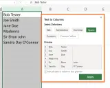 Excel: Zelle teilen nach Leerzeichen. Der Dialog "Text in Spalten" zeigt die Vorschau, wie Namen aufgeteilt werden.