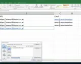 Excel-Tabelle mit Namen und E-Mail-Adressen. Ein Dialogfeld zur Bearbeitung von excel links ist geöffnet und zeigt die URL https://www.thinksecret.at.