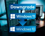 Anleitung: Downgrade von Windows 11 auf Windows 10. Ein Schreibtisch mit mehreren Monitoren und Lautsprechern.