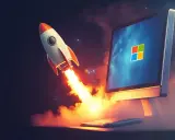 Rakete startet von einem Computerbildschirm mit Windows-Logo. Symbolisiert schnellen Windows Autostart.