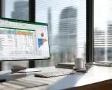 Ein Schreibtisch mit einem Monitor, auf dem eine Excel-Tabelle mit Diagrammen angezeigt wird. Hier kann man das excel vorzeichen umkehren, um Daten zu analysieren.
