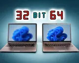 Zwei Laptops zeigen Windows 11. Links ist die pixelige Darstellung von Windows 11 32 bit, rechts die klare Version.