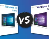 Vergleich: Windows 10 Home oder Pro. Zwei Boxen mit den Betriebssystemen, links Home, rechts Pro, mit einem VS-Symbol dazwischen.